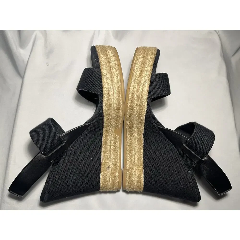 TORY BURCH‎ Sandals 8.5 Wedge Espadrille Black Two Band Platform 4.5